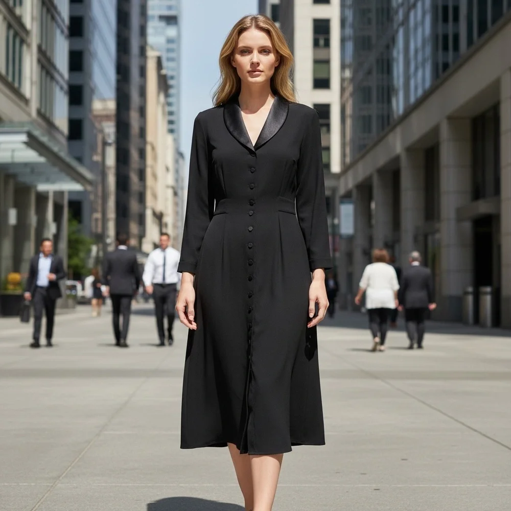 David Warren Luxe In The City Black Tuxedo Button Front Midi Coat Dress 90’s
